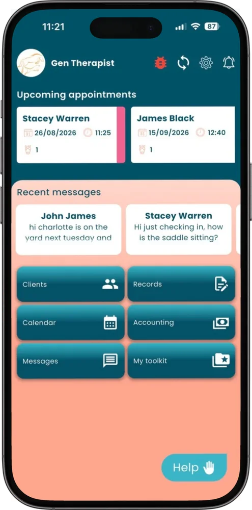 The Equigate dashboard, showing upcoming appointments and recent client messages