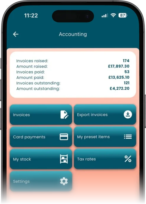 The Equigate accounting screen, showing invoices raised, paid and outstanding