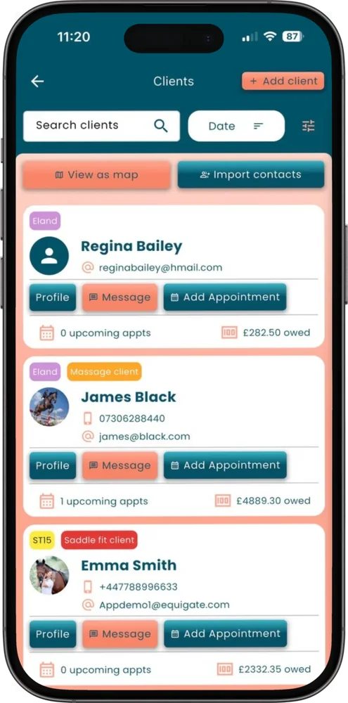 The client list in Equigate, showing equine and canine owners with contact details and animal counts